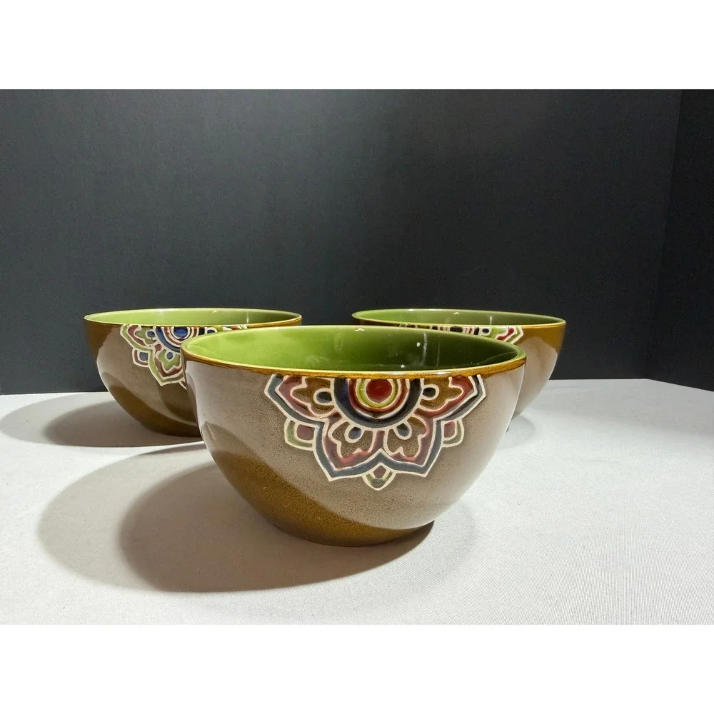 Pier 1 Imports Global Medallion Reactive Stoneware Cereal Bowls Set of 3 Green
